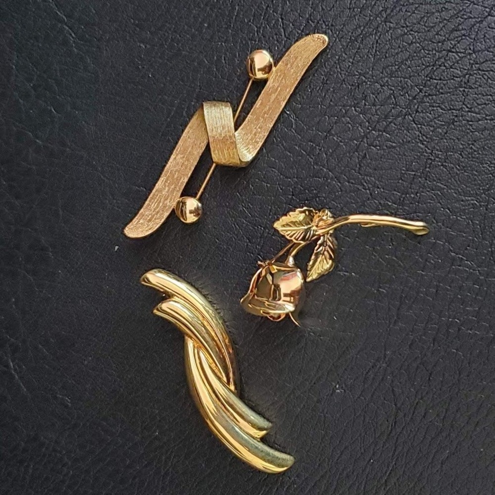 Monet Vintage Gold Tone Brooch Pin Set of 3 Rose Floral Geometric Textured